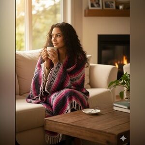 Mexican Sarape Blanket Striped Pink, Black and Purple colors, Full size